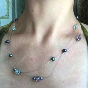 Pearl and purple beads wire necklace